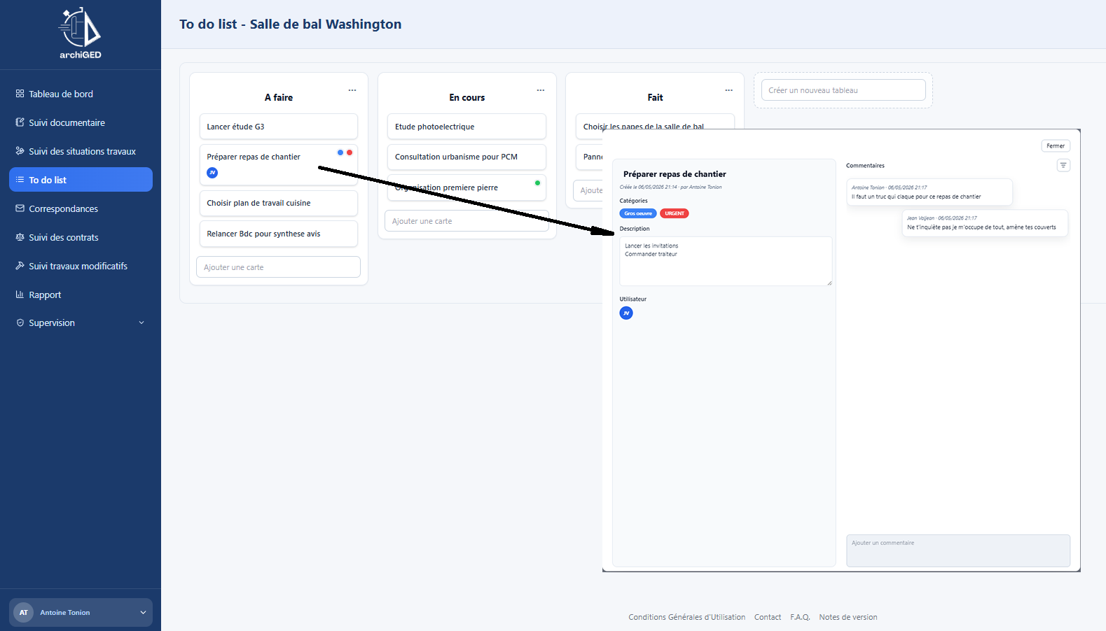 Tableau Kanban pour le suivi des tâches de chantier